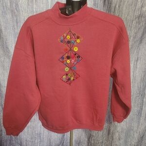 Vintage Women’s Chic Pink Mock Neck Sweatshirt AddedButton Design Size XL‎